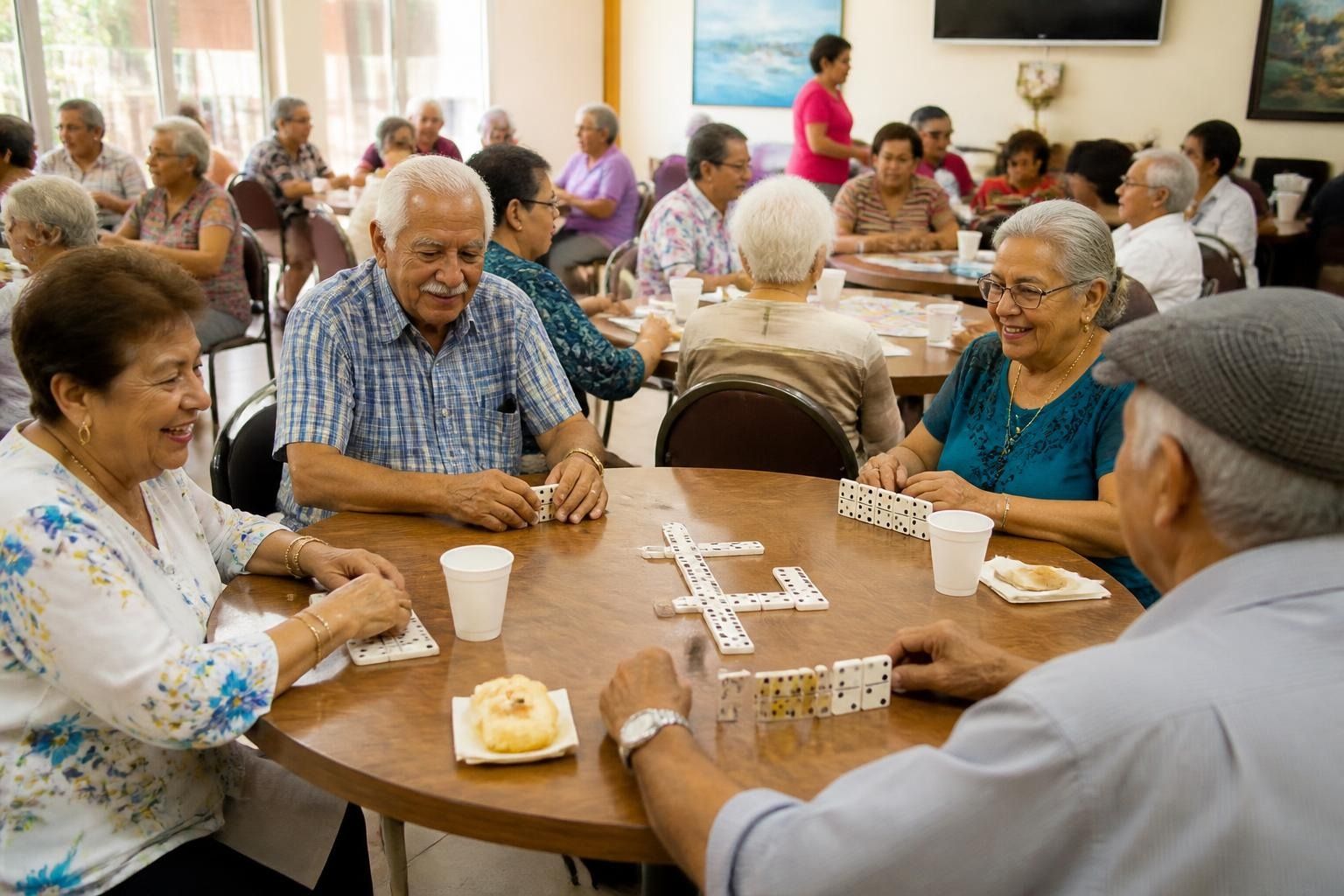 Seniors playing dominoes at a social gathering